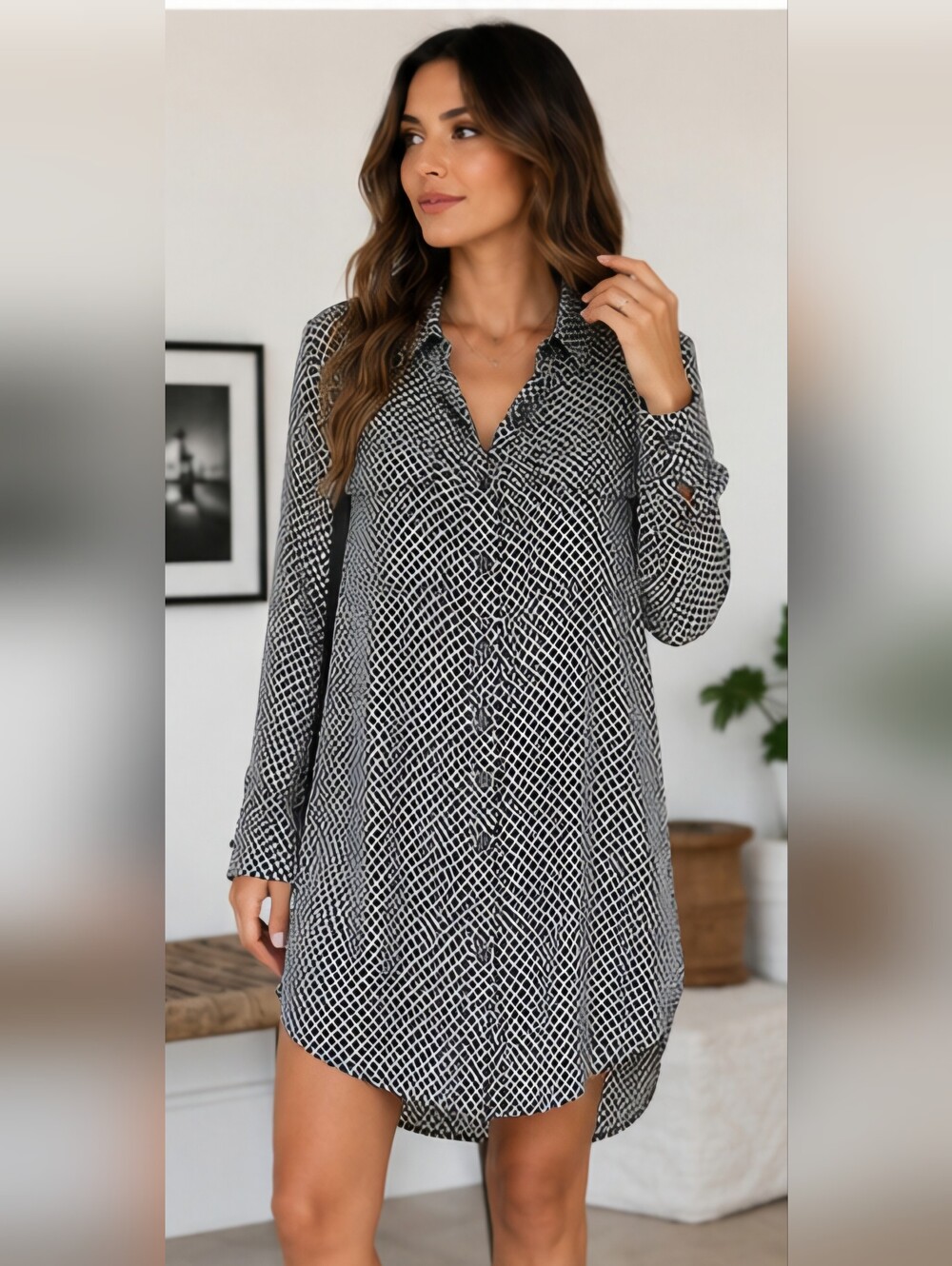 Equipment Femme 100% Silk Fishnet Print Shirt Dress M Black White